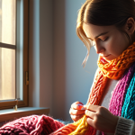 **A serene woman engrossed in knitting a colorful scarf, sunlight streaming through a window, creating a cozy and relaxing atmosphere. Focus on the calming effect and the details of the yarn and needles.** (Based on section 1, highlighting stress reduction and relaxation)