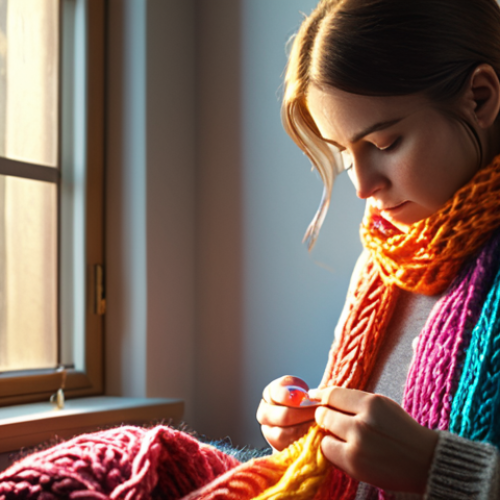 Home 4 **A serene woman engrossed in knitting a colorful scarf, sunlight streaming through a window, creating a cozy and relaxing atmosphere. Focus on the calming effect and the details of the yarn and needles.** (Based on section 1, highlighting stress reduction and relaxation)
