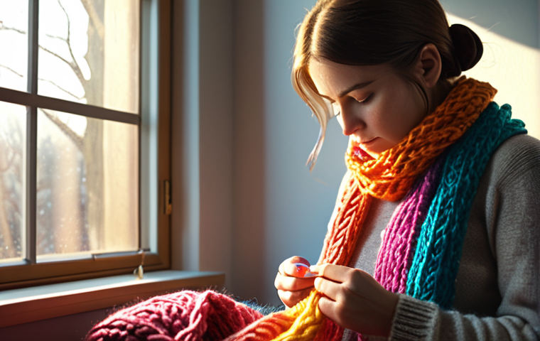 **A serene woman engrossed in knitting a colorful scarf, sunlight streaming through a window, creating a cozy and relaxing atmosphere. Focus on the calming effect and the details of the yarn and needles.** (Based on section 1, highlighting stress reduction and relaxation)